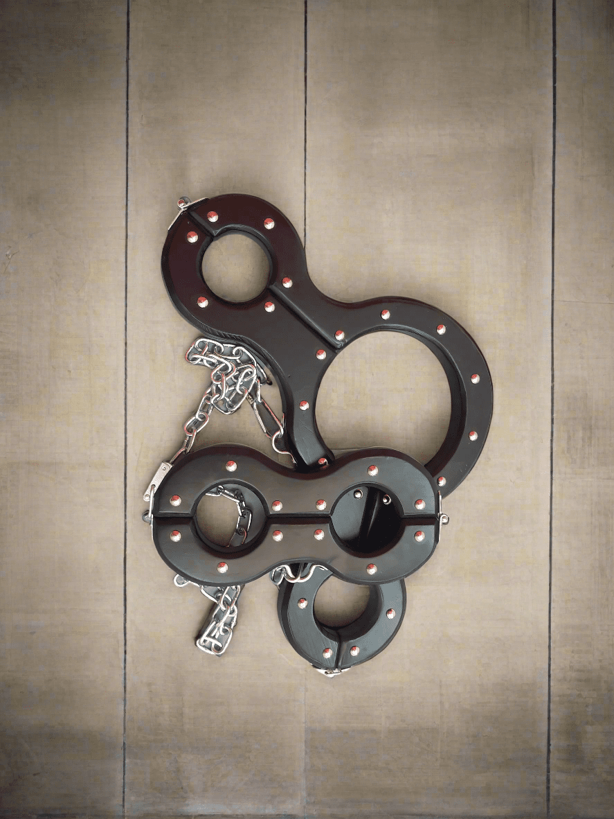 Handcrafted Wooden Shackles Set for Neck, Hands, and Legs - BDSM Accessories with Adjustable Chain Length - BDSMWoody