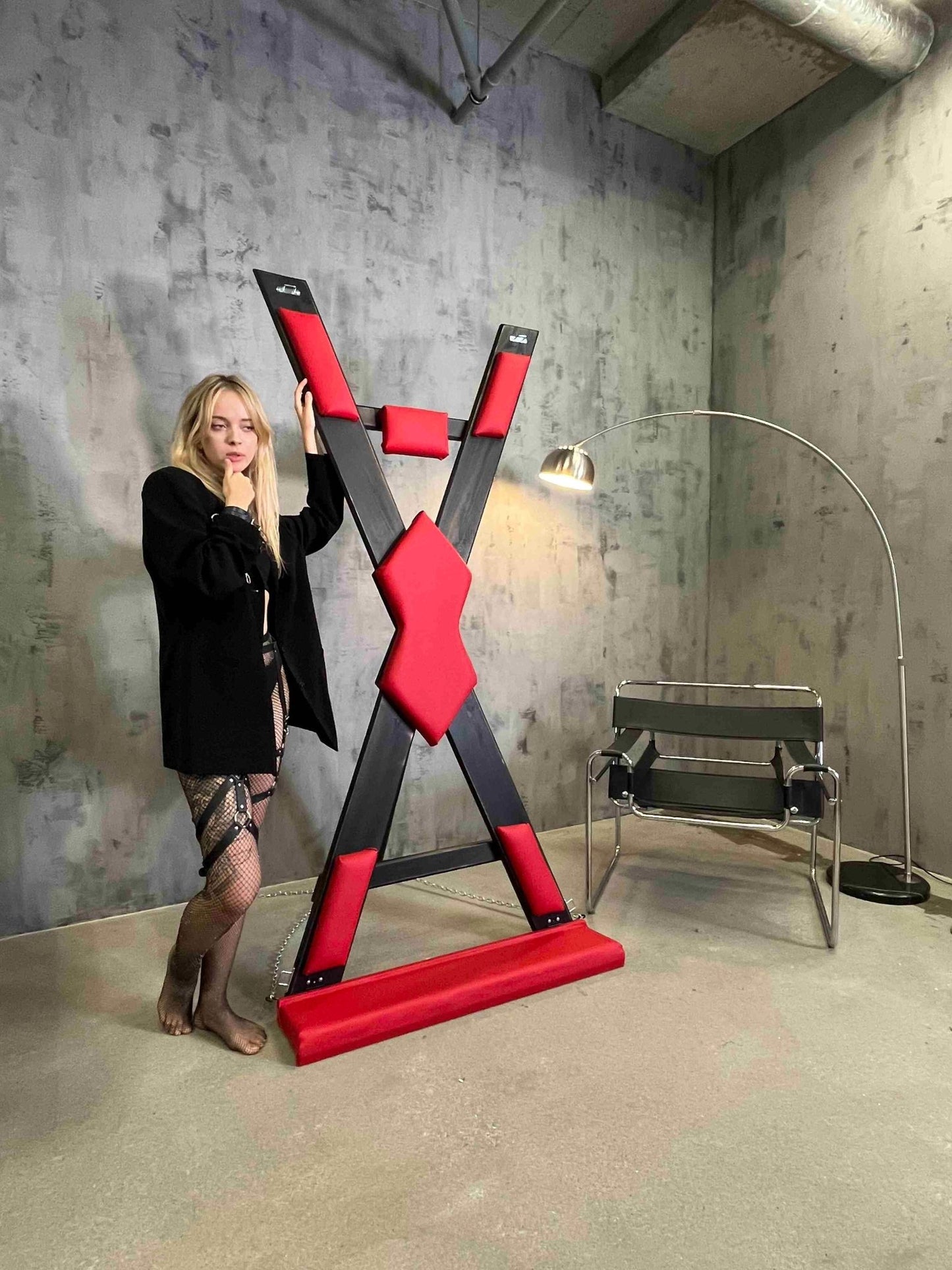 Stylish Dungeon Furniture: Soft Leather BDSM St. Andrews Cross With footrest Dungeon Furniture - BDSMWoody