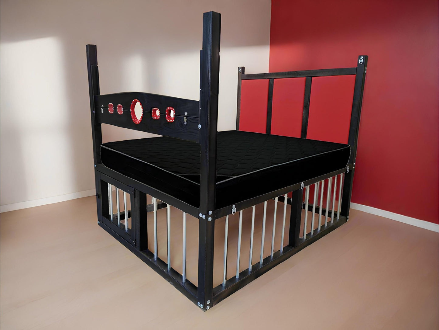 bdsm bed, bondage bed, dungeon bed, bdsm furniture, king size bdsm bed, bed with cage, restraint bed, bdsm playroom, adult furniture, bdsm frame bed, bdsm bedroom, eco-leather bed, wooden bondage bed, bdsm wooden bed, fetish bed
