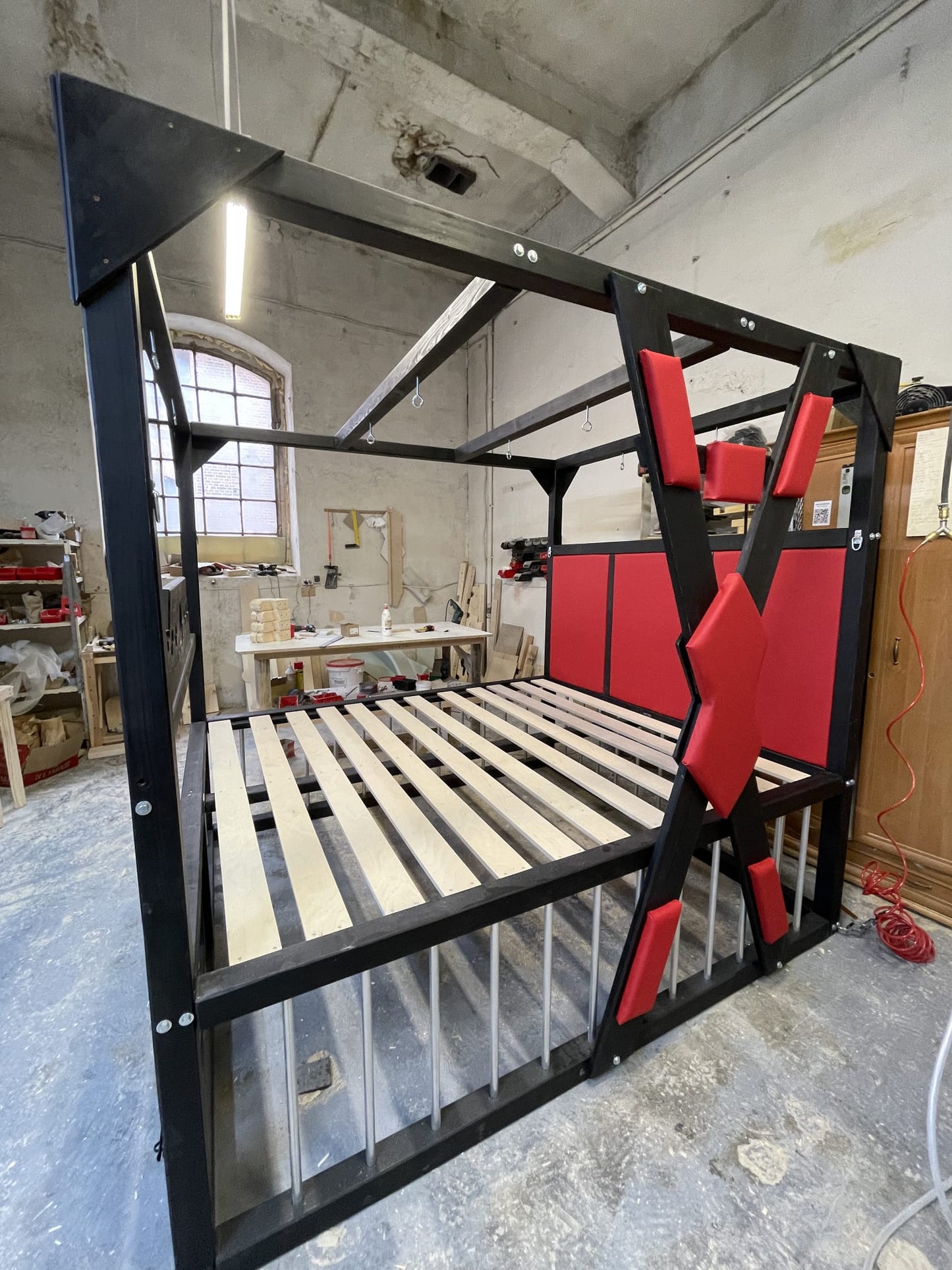 King Size BDSM Bed Genuine Leather With Removable Cross – Durable Bondage Bed With Cage Frame | Premium Fetish Furniture