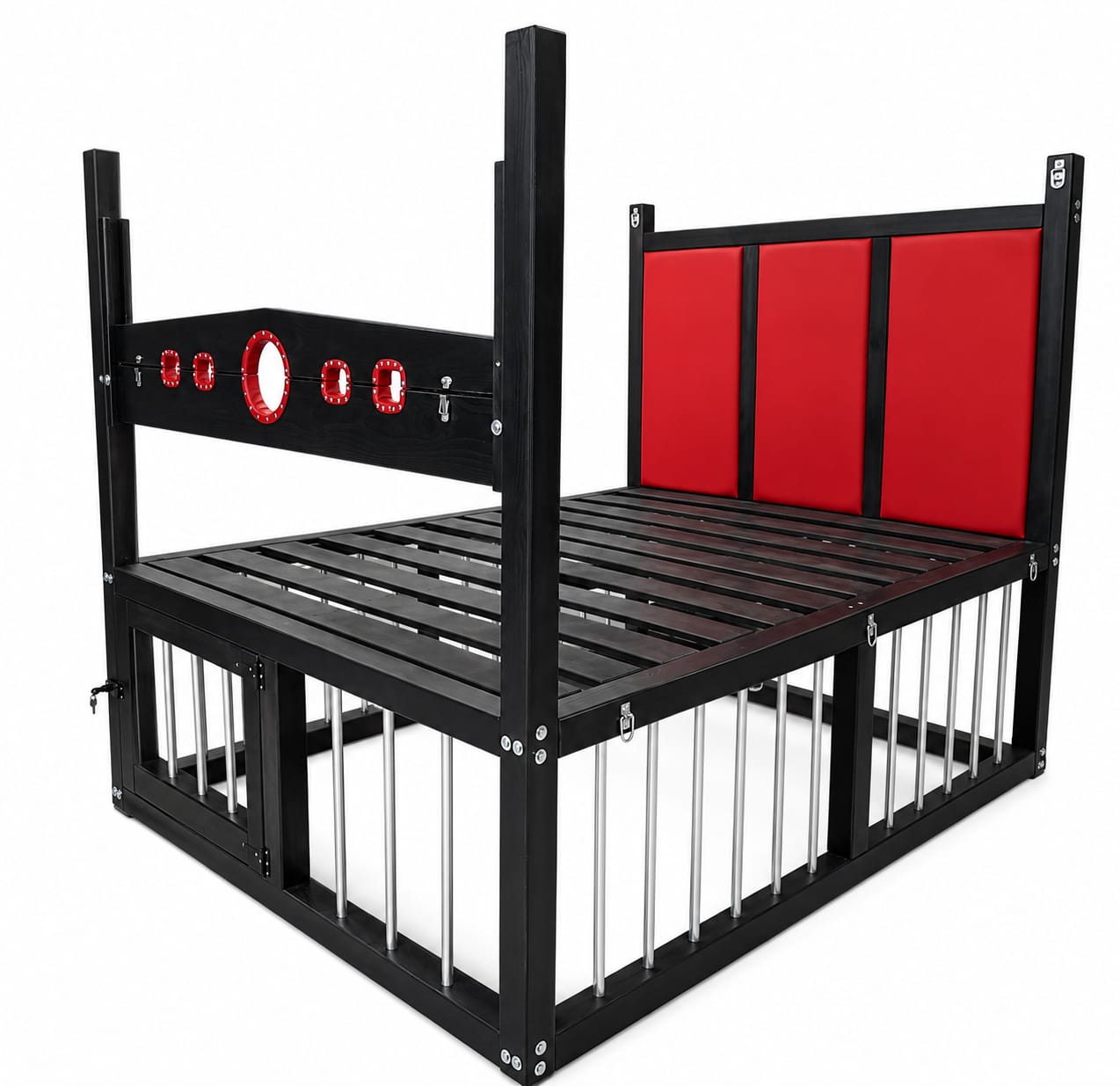 BDSM-Inspired Wooden Bed with Restraint Options and Cage - BDSMWoody