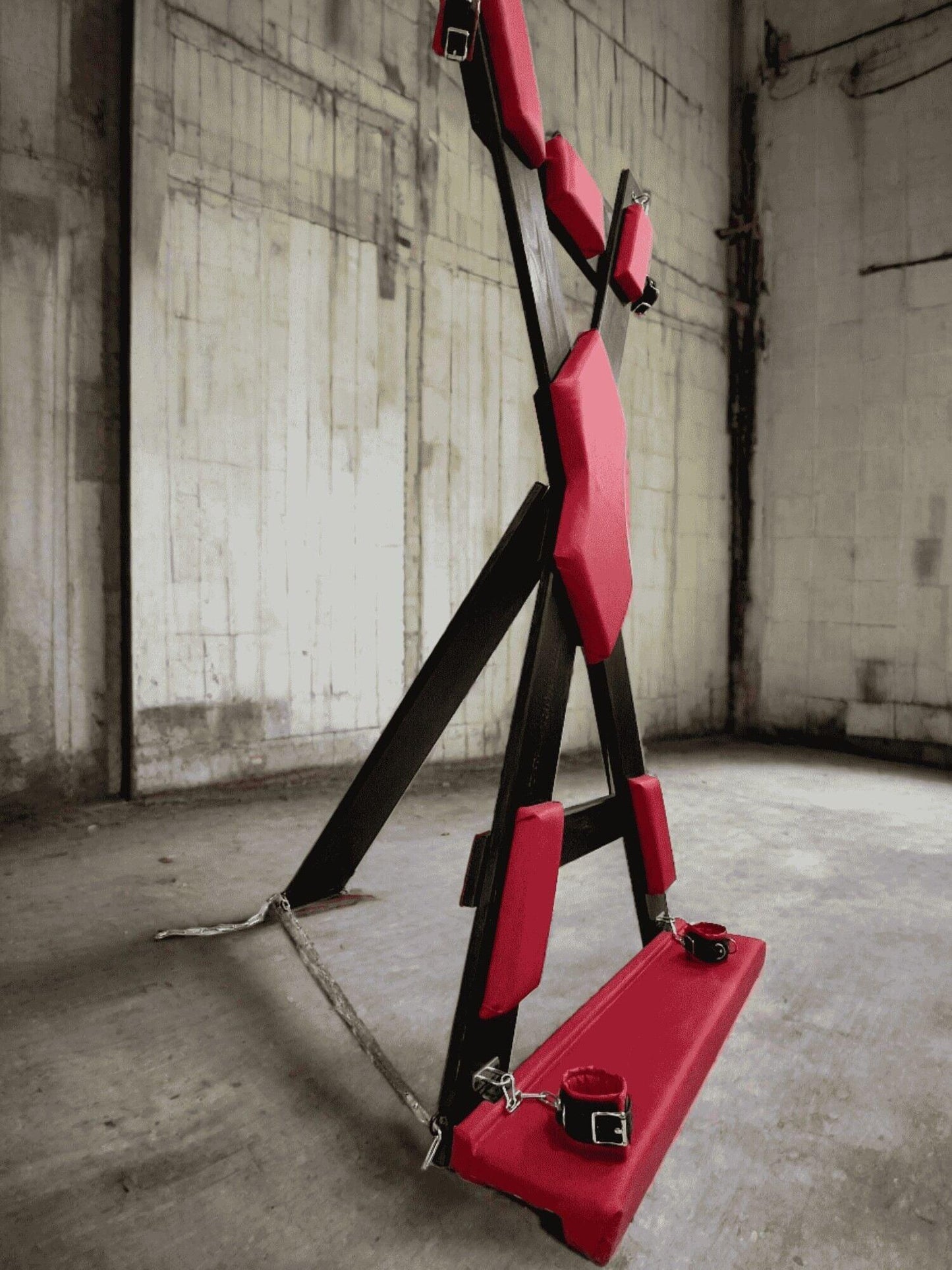 BDSM furniture, St. Andrew’s Cross, dungeon cross, soft leather cross, bondage cross, BDSM gear, dungeon furniture, fetish furniture, sex furniture, cross with footrest, spanking cross, adjustable bondage cross, handmade BDSM, adult playroom, BDSM restraint