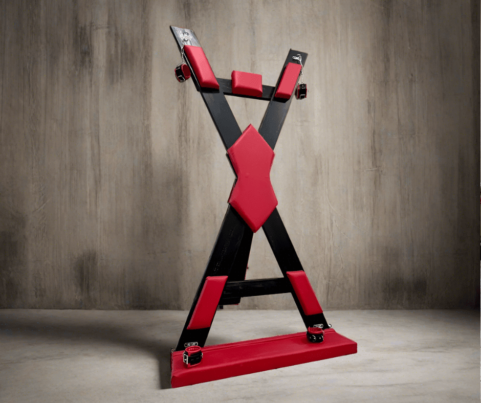 Stylish Dungeon Furniture: Soft Leather BDSM St. Andrews Cross With footrest Dungeon Furniture - BDSMWoody