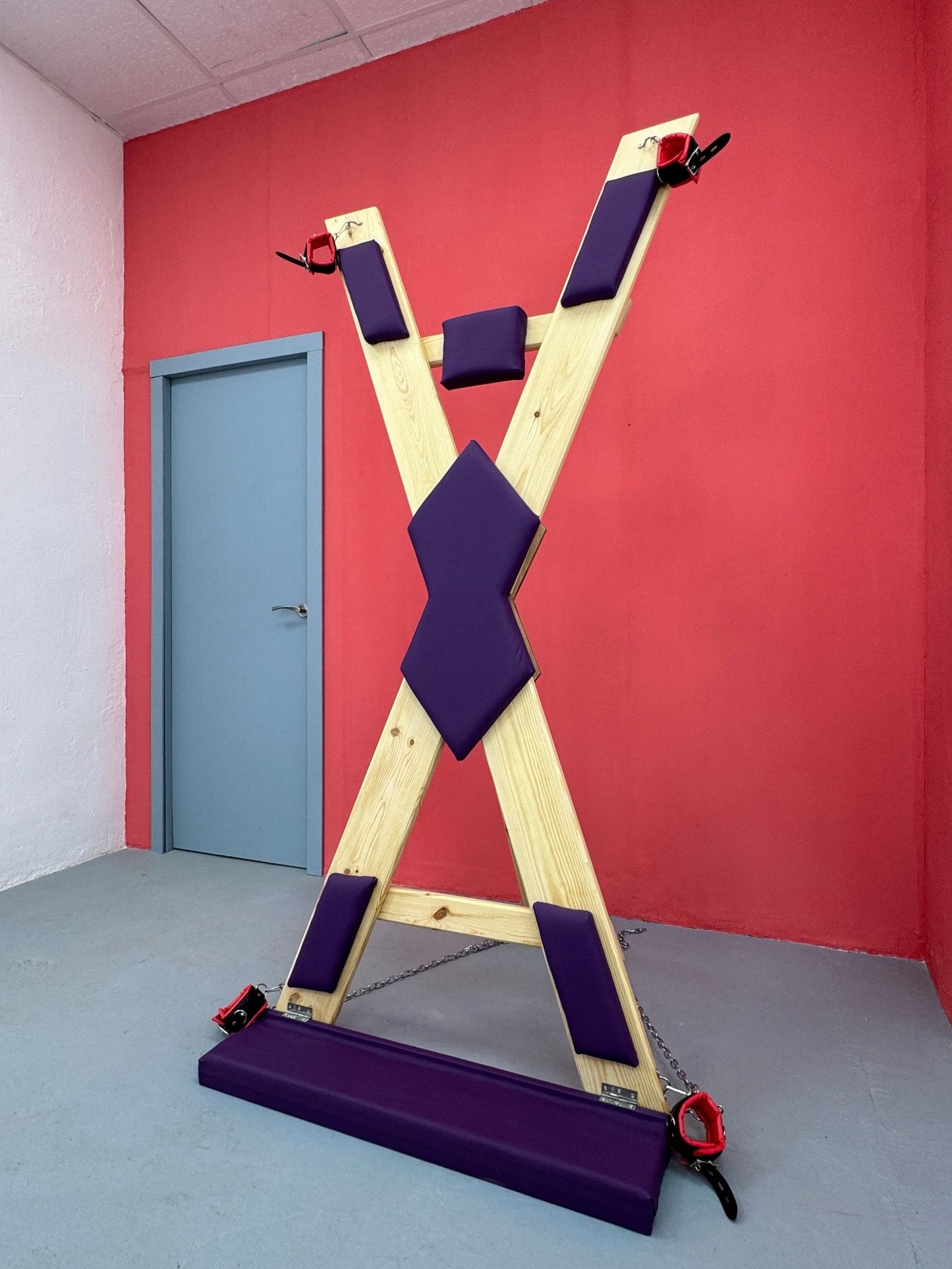 Stylish Dungeon Furniture: Soft Leather BDSM St. Andrews Cross With footrest Dungeon Furniture - BDSMWoody