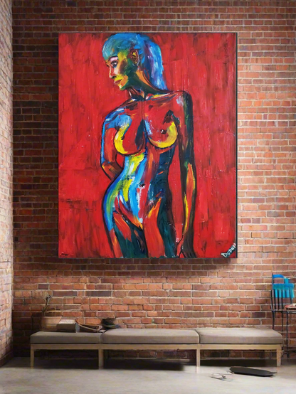 Peinture à l'huile femme en rouge