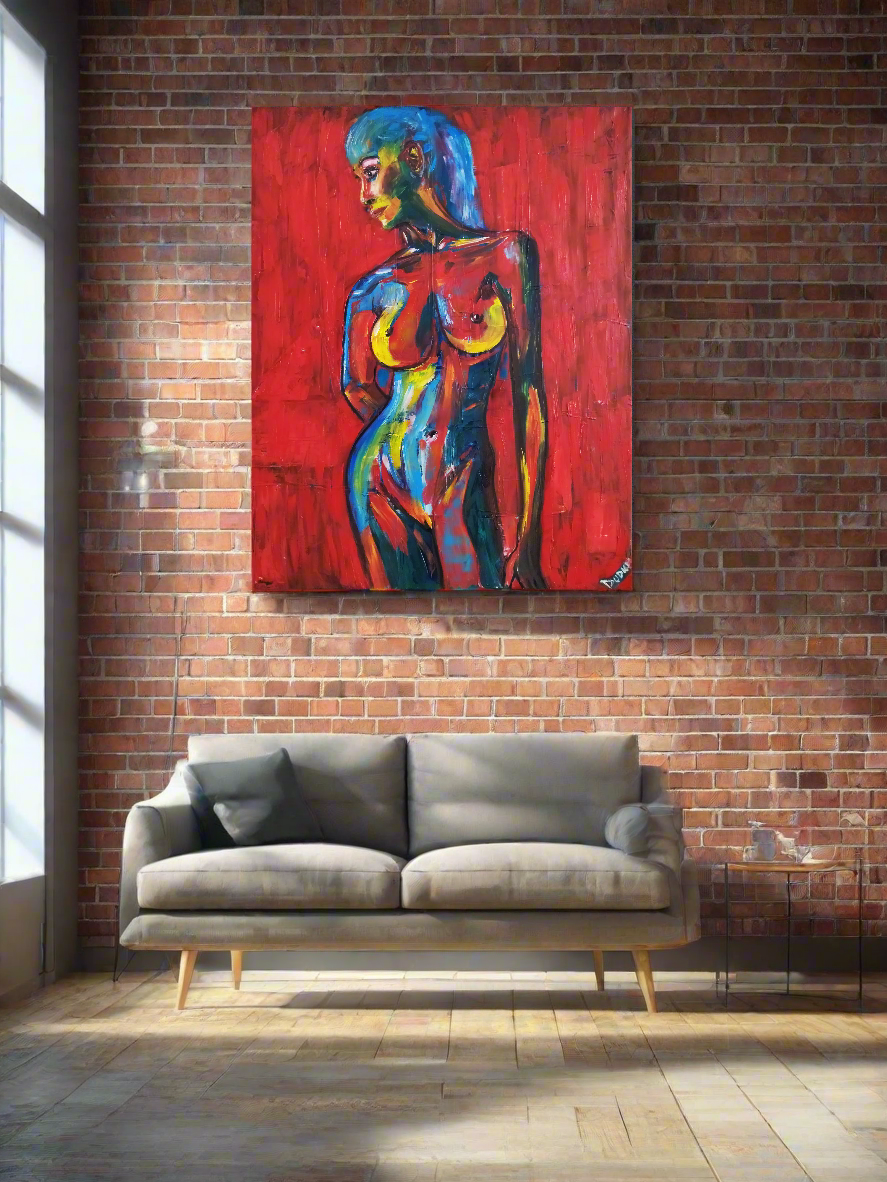 Peinture à l'huile femme en rouge