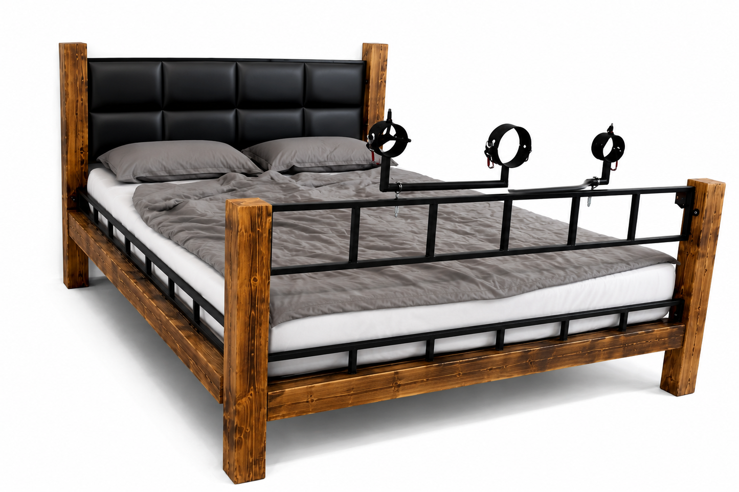 Queen-Size-Bett aus Holz im BDSM-Stil mit Fesseloptionen und Käfig
