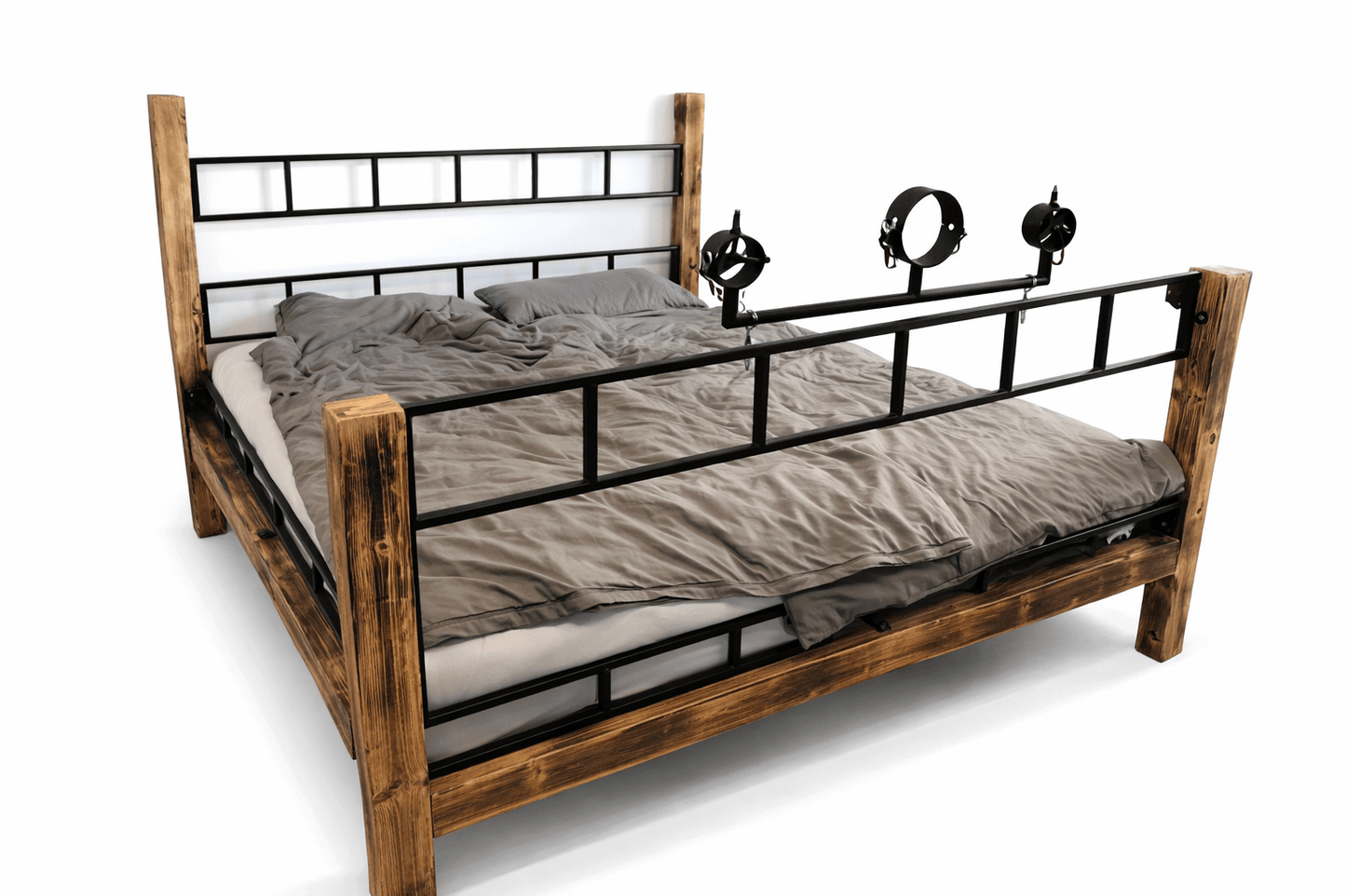 Solid Wood & Steel Bondage Bed with Adjustable Metal Cuffs - BDSMWoody