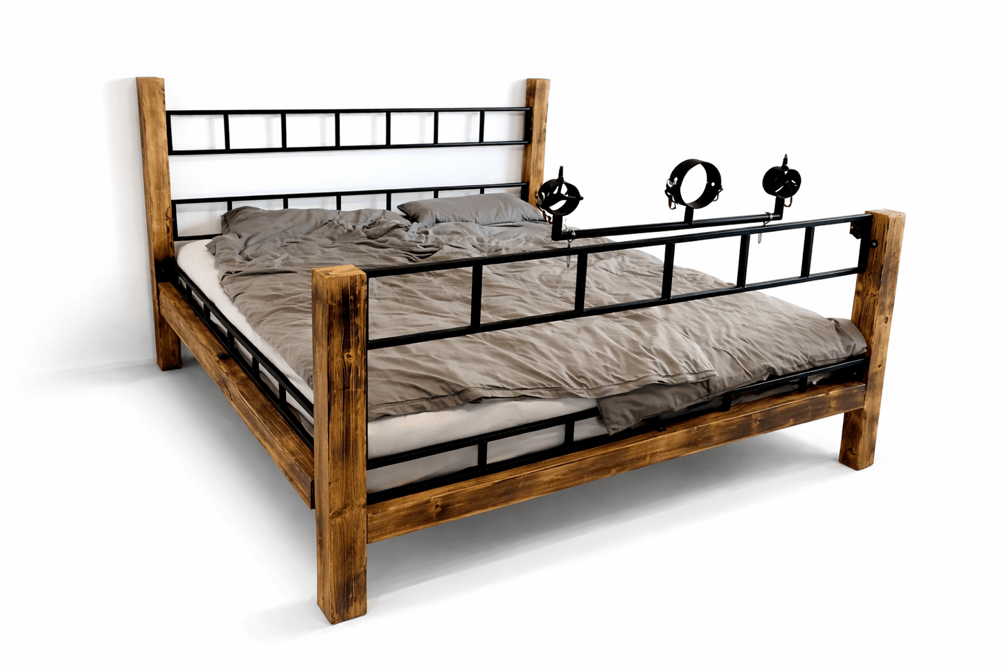 Solid Wood & Steel Bondage Bed with Adjustable Metal Cuffs - BDSMWoody
