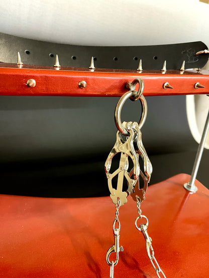 Unique BDSM Serving Table - Personalized Wooden Shackles & Chest Clamps Available