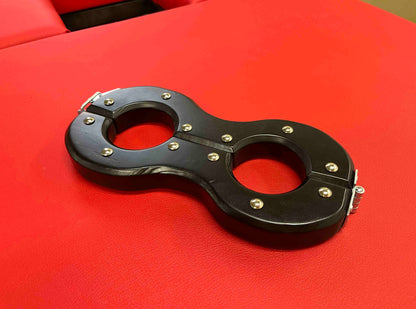 New BDSM shackles made of natural wood. Hand to ankle bondage for spanking.