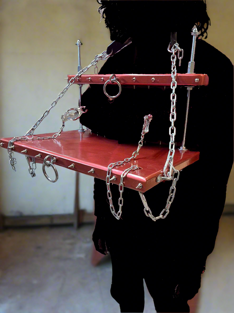 Unique BDSM Serving Table - Personalized Wooden Shackles & Chest Clamps Available