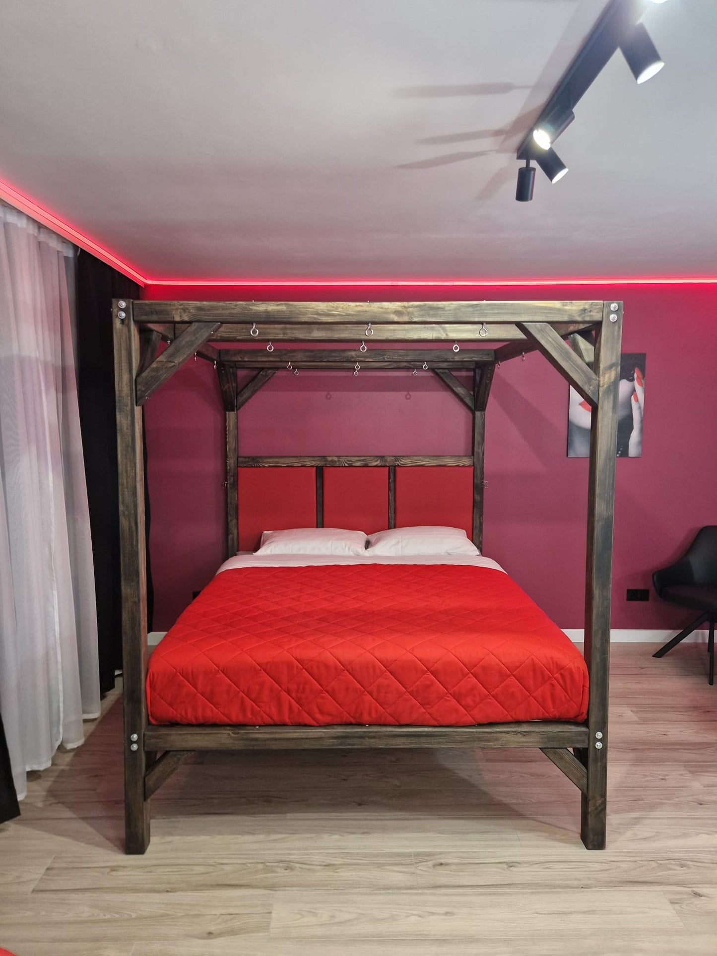 Wooden Canopy Bed – Handmade Solid Pine Frame with Padded Headboard - BDSMWoody