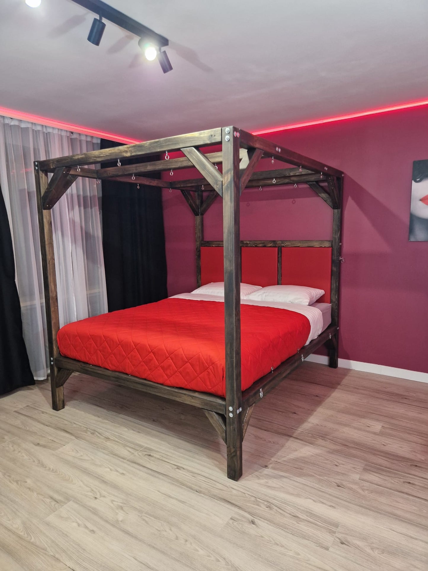 Wooden Canopy Bed – Handmade Solid Pine Frame with Padded Headboard - BDSMWoody