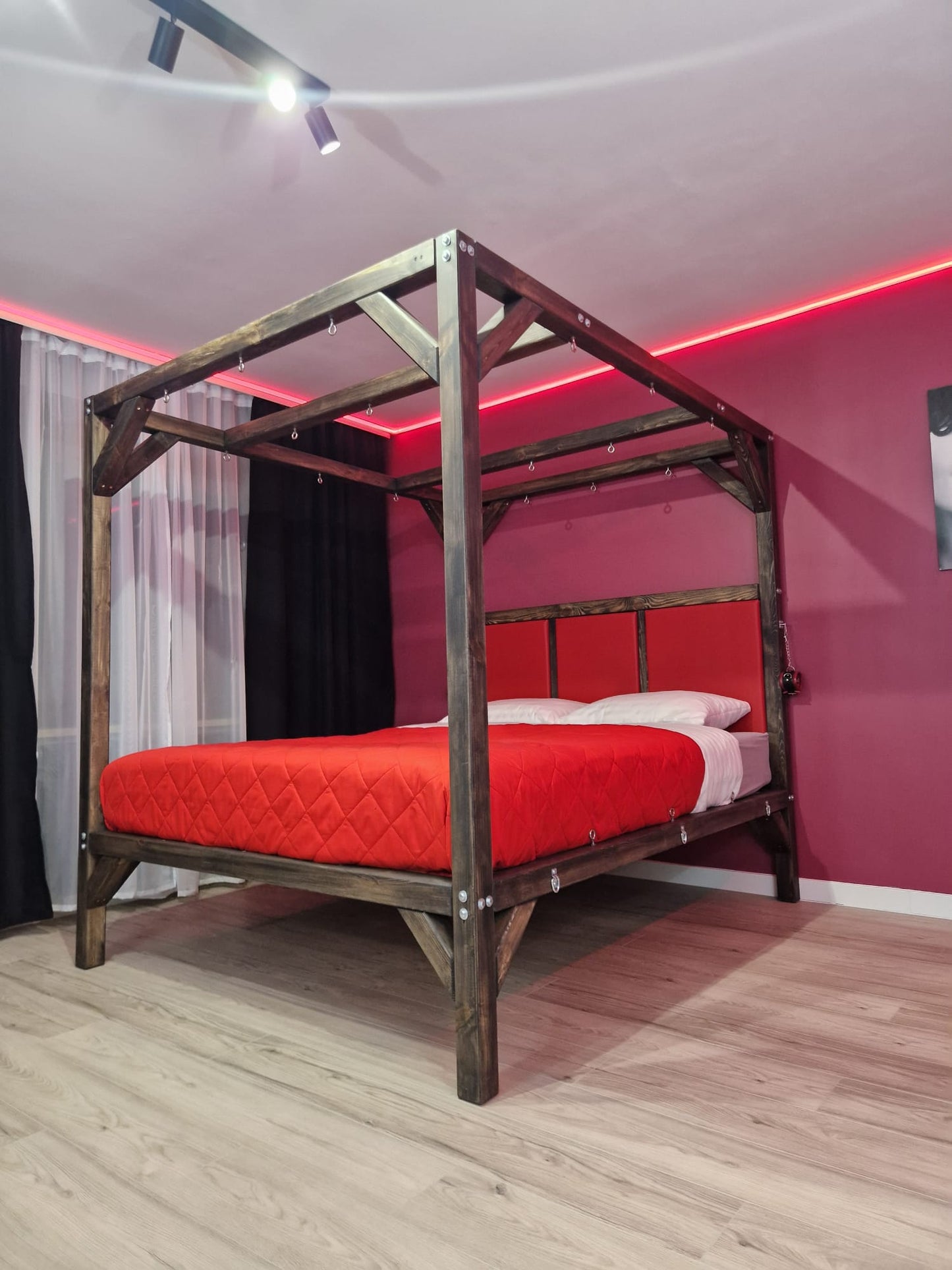 Wooden Canopy Bed – Handmade Solid Pine Frame with Padded Headboard - BDSMWoody