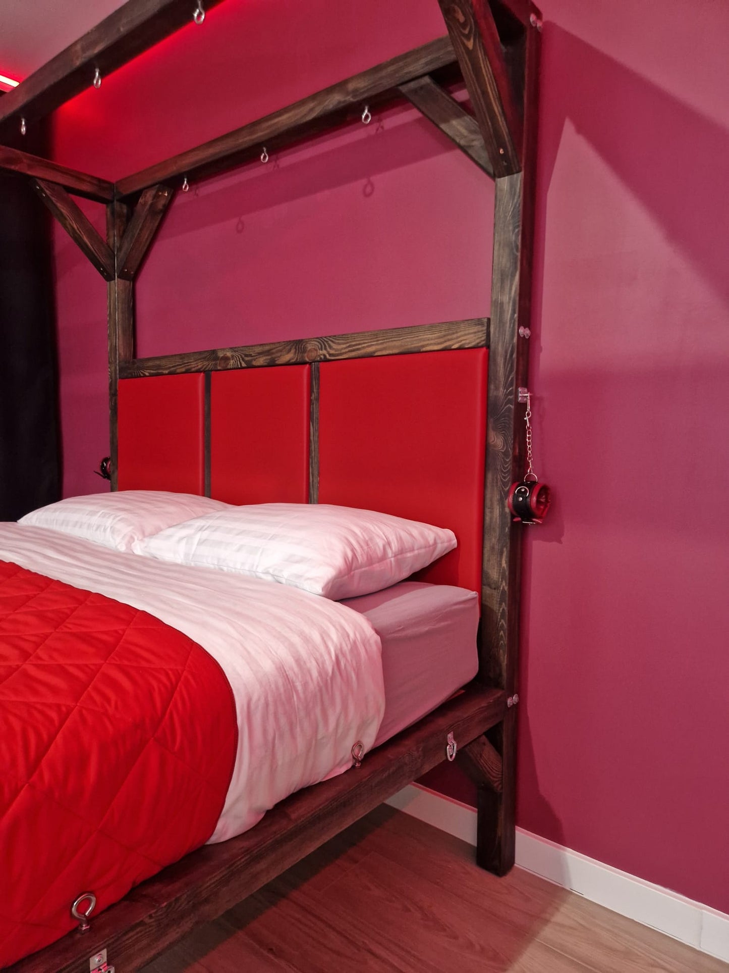 Wooden Canopy Bed – Handmade Solid Pine Frame with Padded Headboard - BDSMWoody