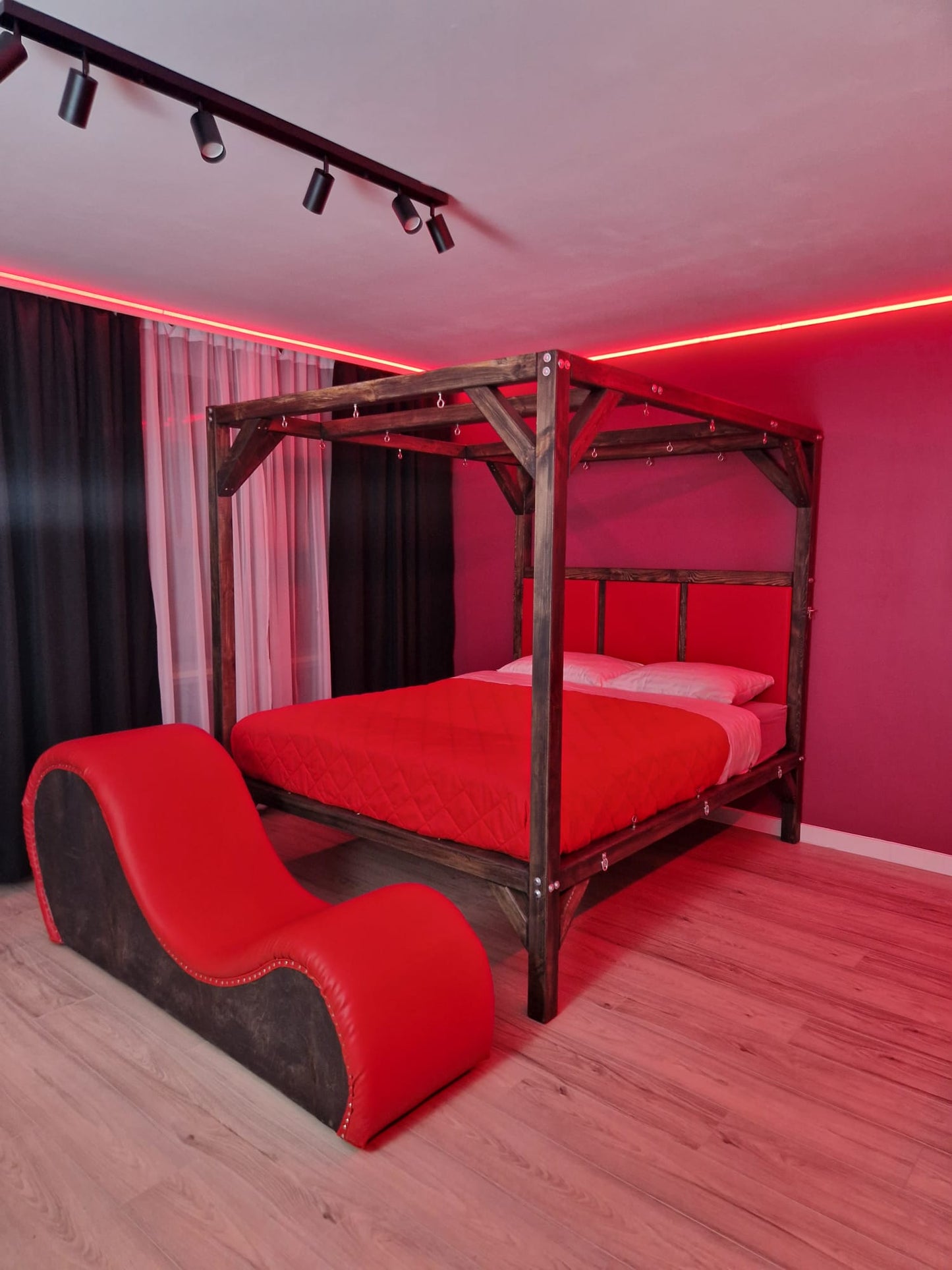Wooden Canopy Bed – Handmade Solid Pine Frame with Padded Headboard - BDSMWoody