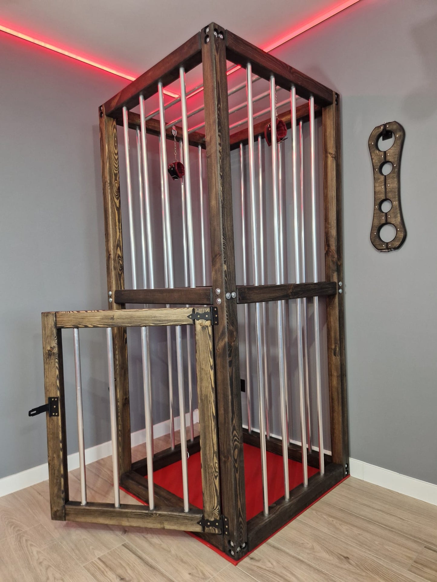 Wooden Vertical Cage with Lockable Door – Pine & Metal Bars - BDSMWoody