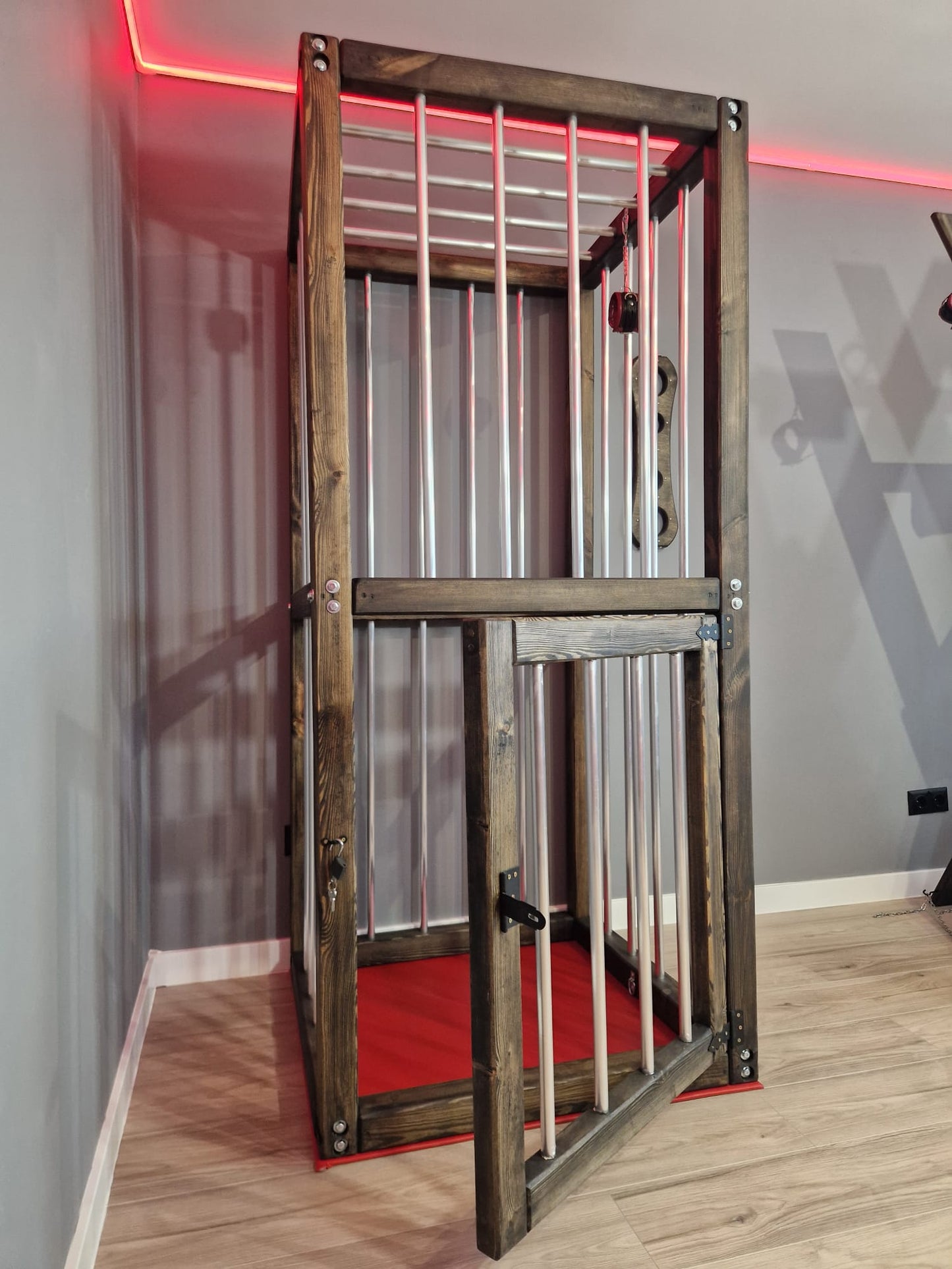 Wooden Vertical Cage with Lockable Door – Pine & Metal Bars - BDSMWoody