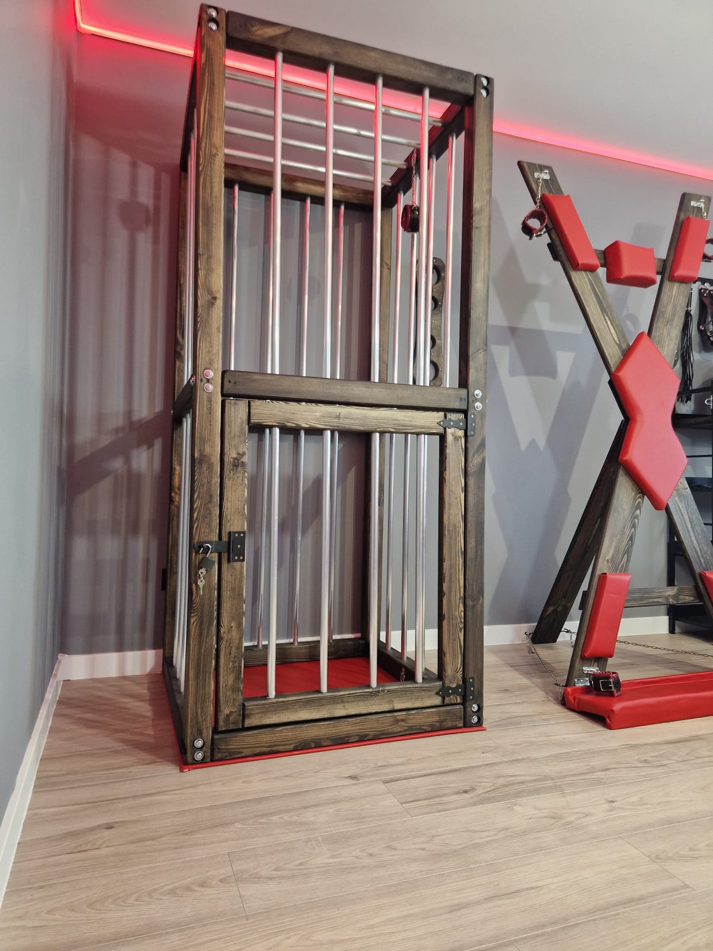 Wooden Vertical Cage with Lockable Door – Pine & Metal Bars - BDSMWoody