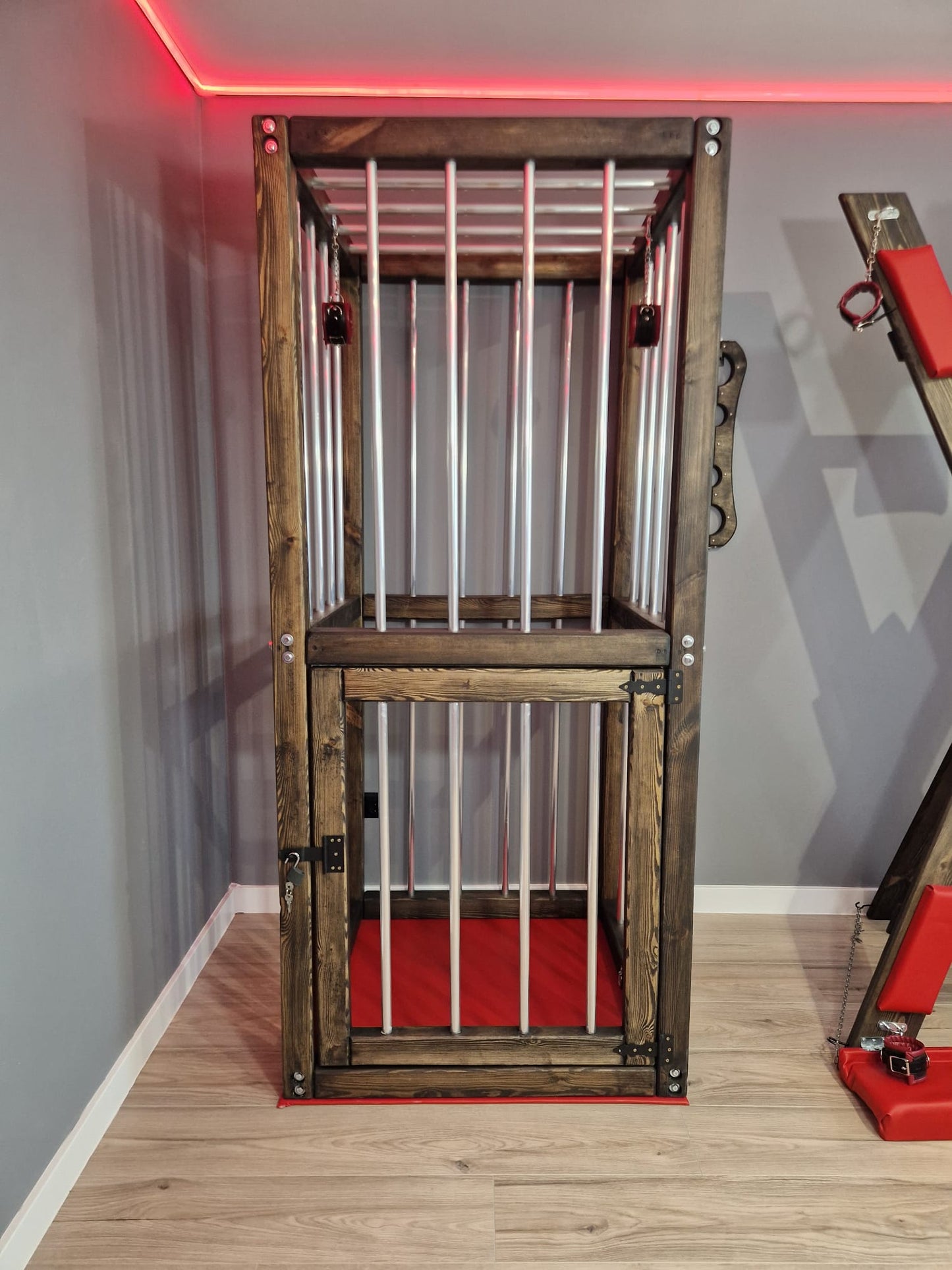 Wooden Vertical Cage with Lockable Door – Pine & Metal Bars - BDSMWoody