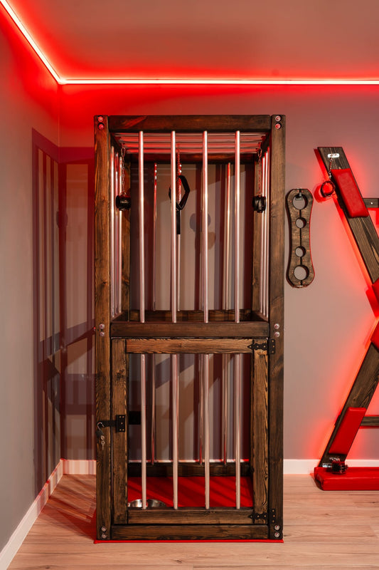 Wooden Vertical Cage with Lockable Door – Pine & Metal Bars - BDSMWoody