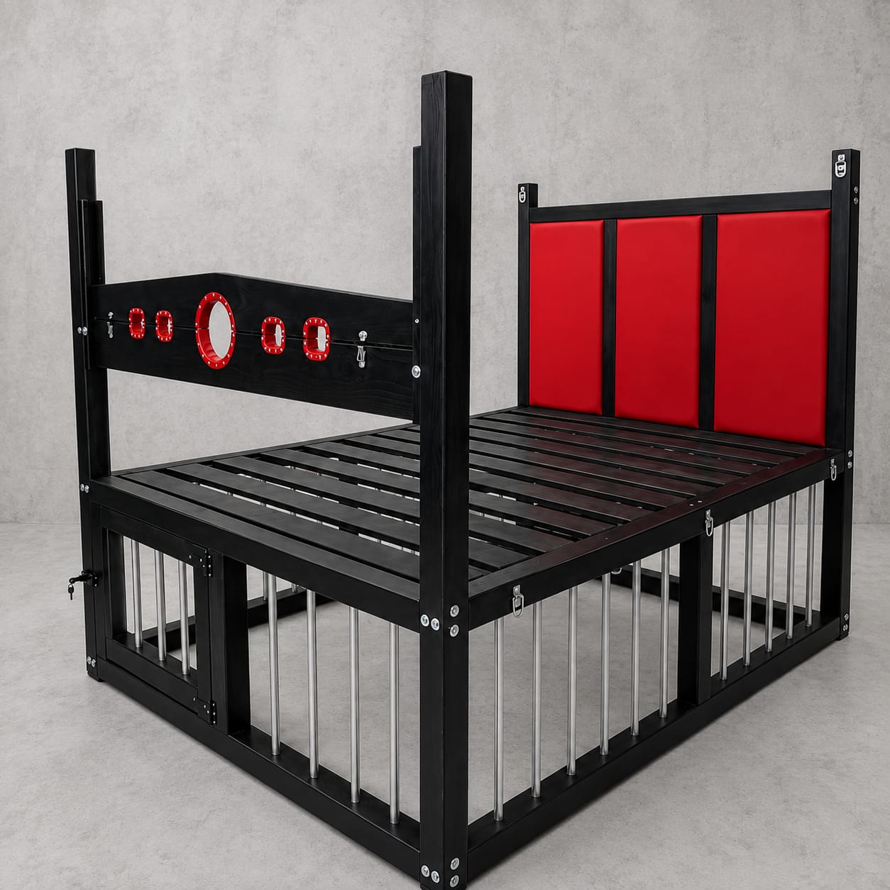 BDSM-Inspired Wooden Bed with Restraint Options and Cage - BDSMWoody