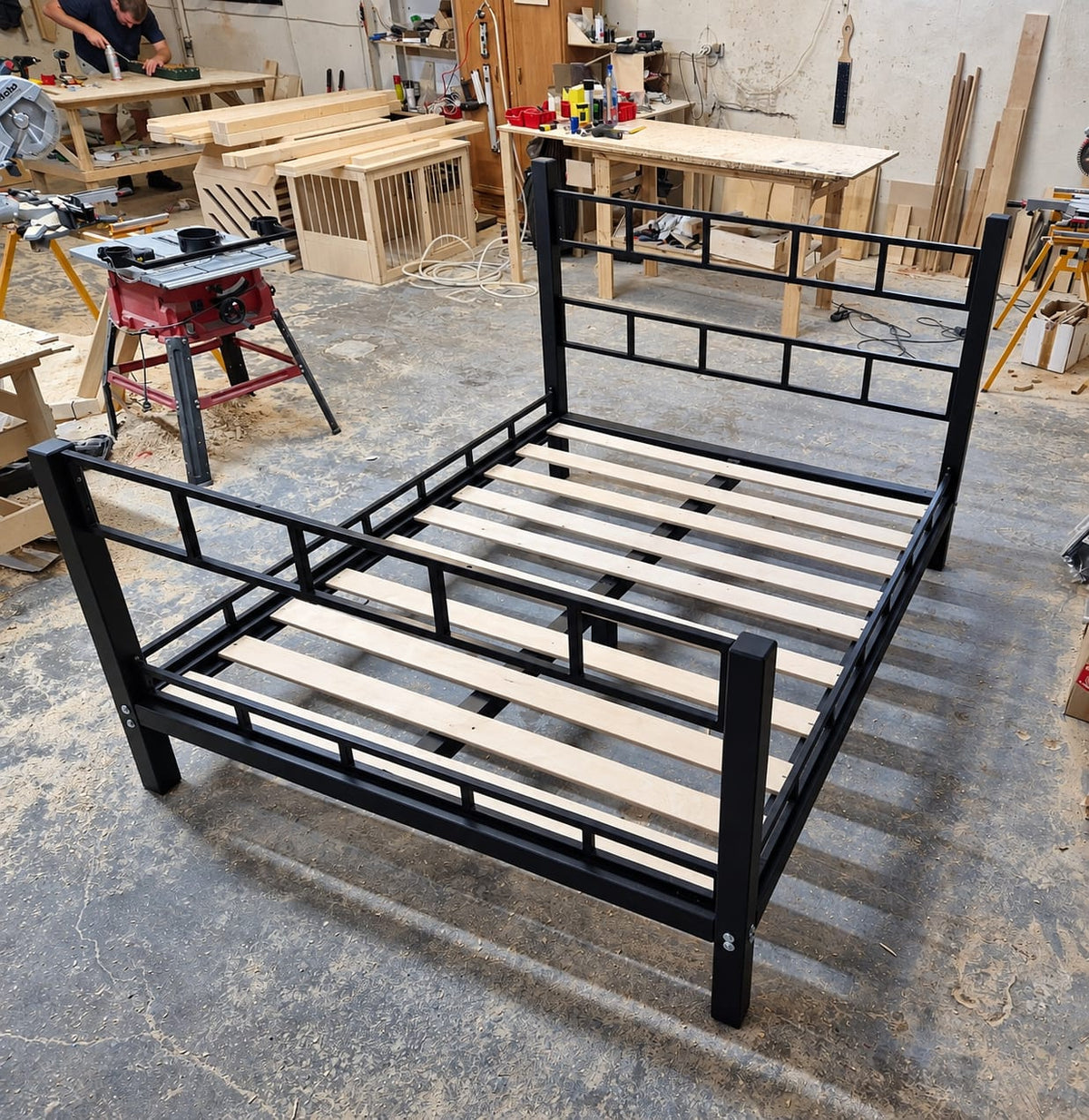 Steel frame bondage bed with removable cuffs and mattress