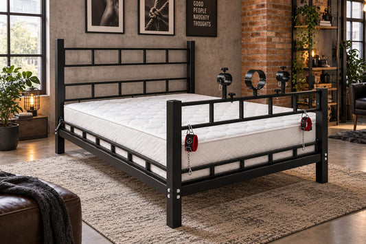 Solid Wood Bondage Bed with Removable Steel Shackles - BDSMWoody