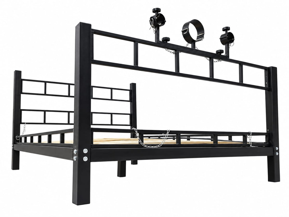 Handcrafted pine BDSM bed with heavy duty steel frame