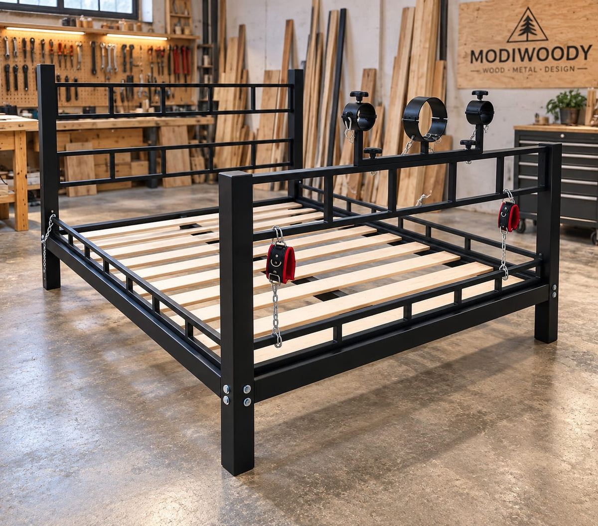 Solid wood and steel bondage bed with removable metal cuffs