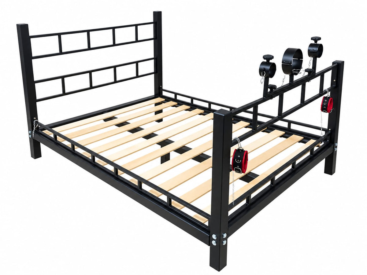 Bondage furniture bed with removable chains and attachment points