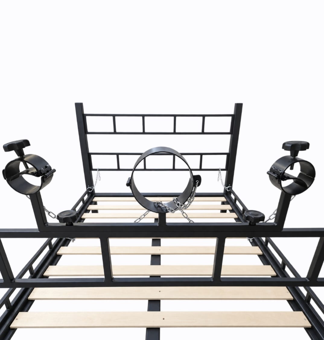 Solid wood BDSM bed with adjustable metal restraints