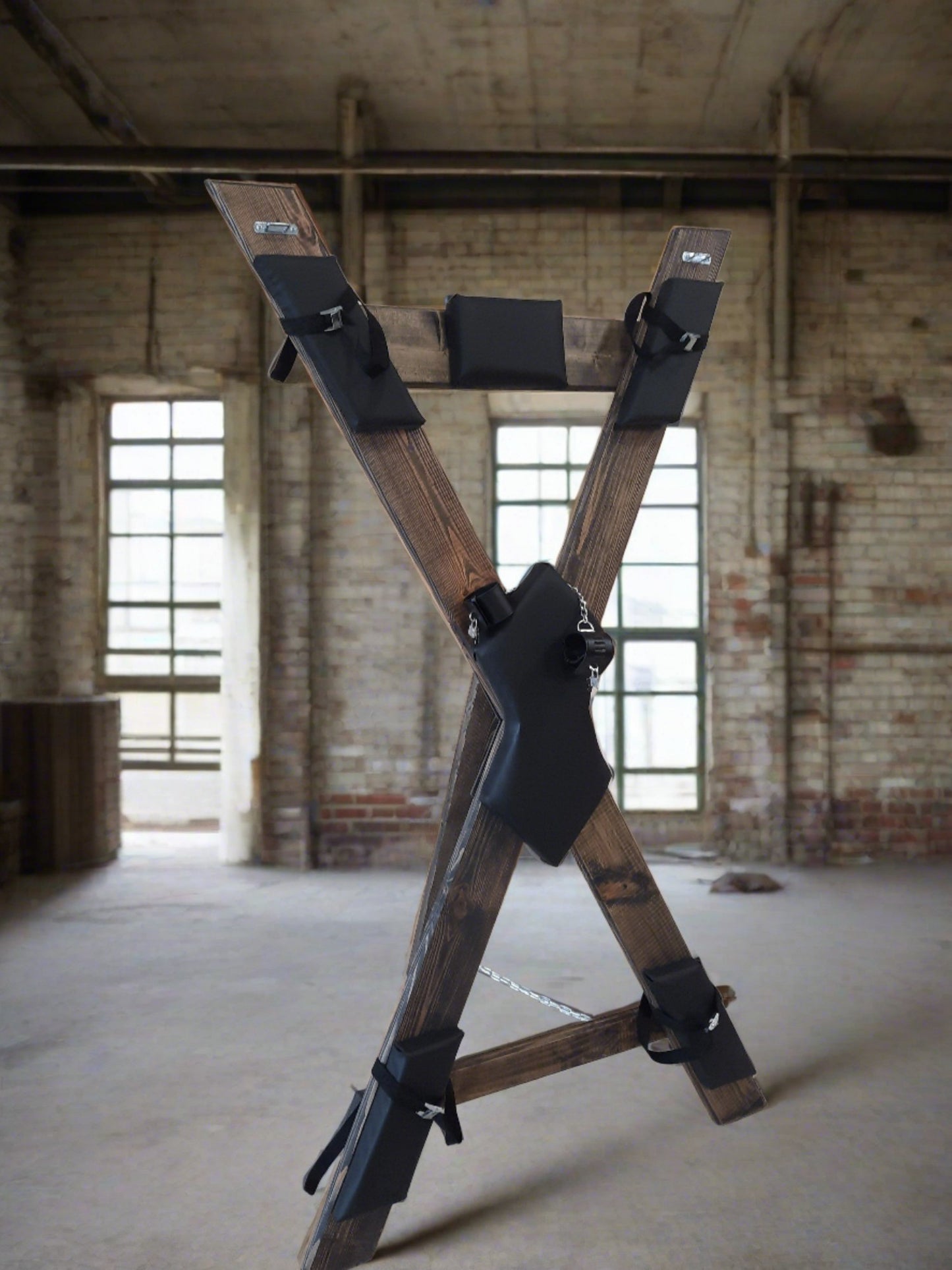 Luxurious Leather BDSM St. Andrews Cross for Dungeon Play. With footrest.